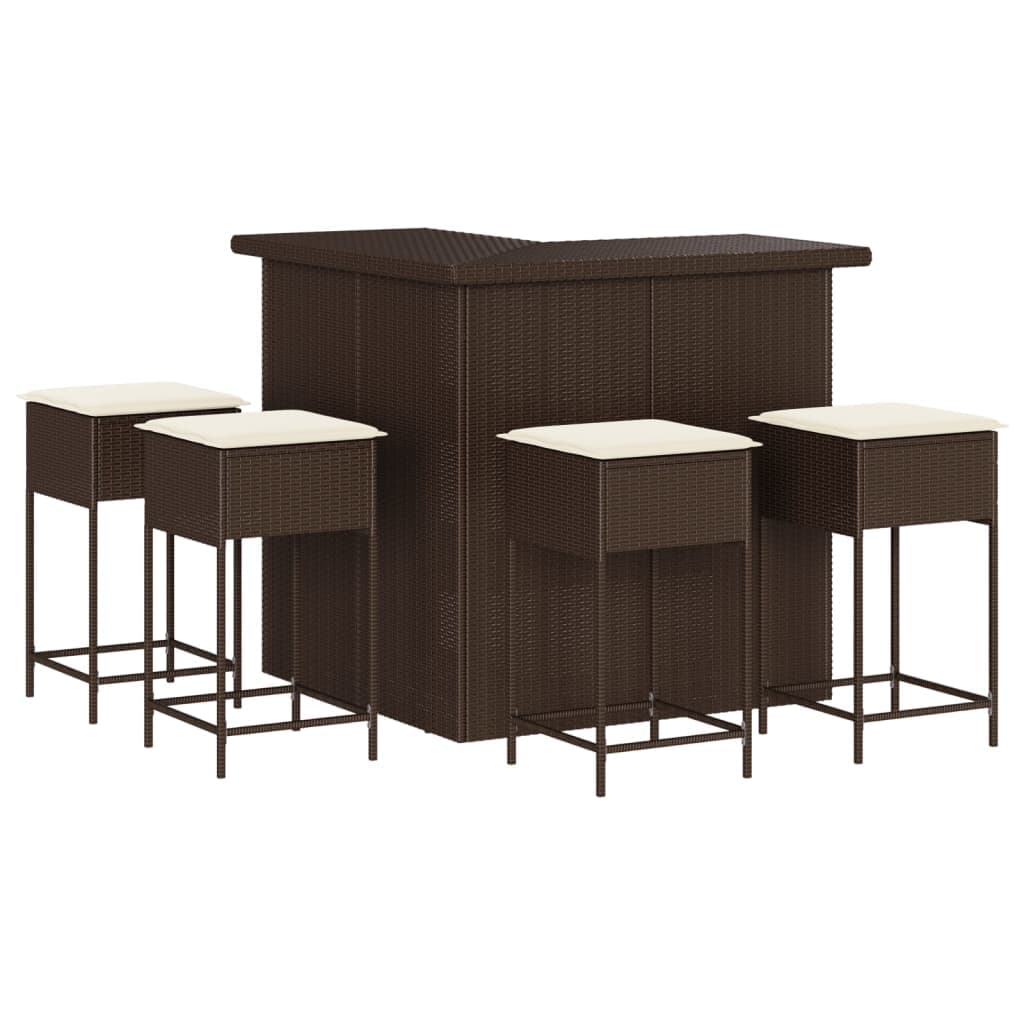 vidaXL 5 Peças Conjunto de Bar para Jardim com Almofadões Vime Pe Castanho - 1486837545
