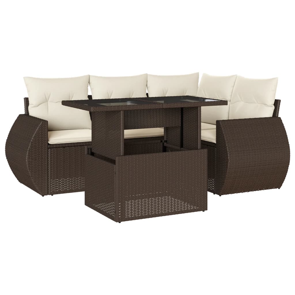 vidaXL 5 pcs conjunto sofás p/ jardim c/ almofadões vime PE castanho