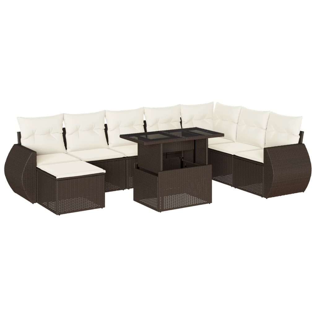vidaXL 9 pcs conjunto sofás p/ jardim c/ almofadões vime PE castanho