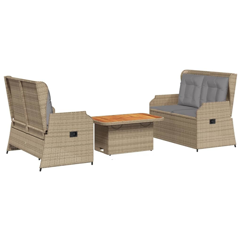 vidaXL 3 Peças Conjunto Lounge de Jardim com Almofadões Vime Pe Bege - 588865951