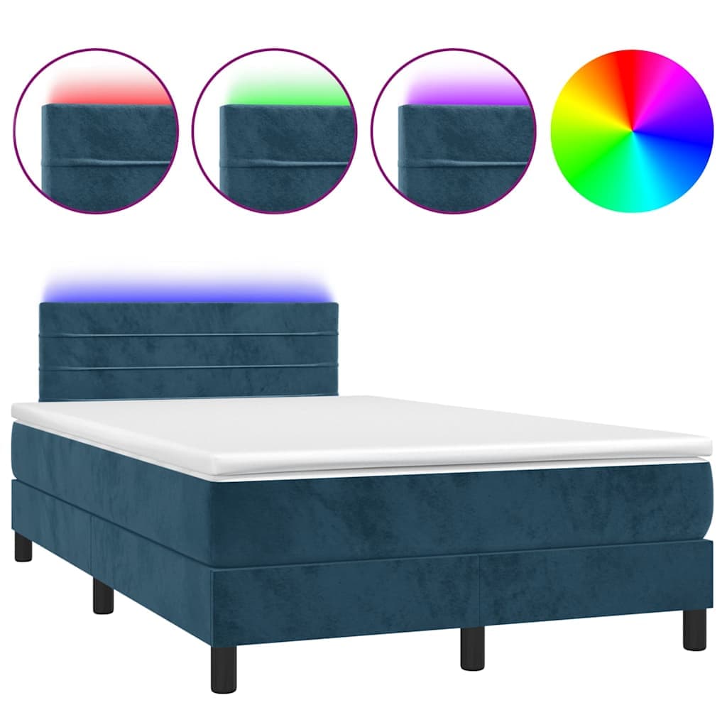 vidaXL Cama box spring colchão LED 120x190cm couro artif. azul-escuro