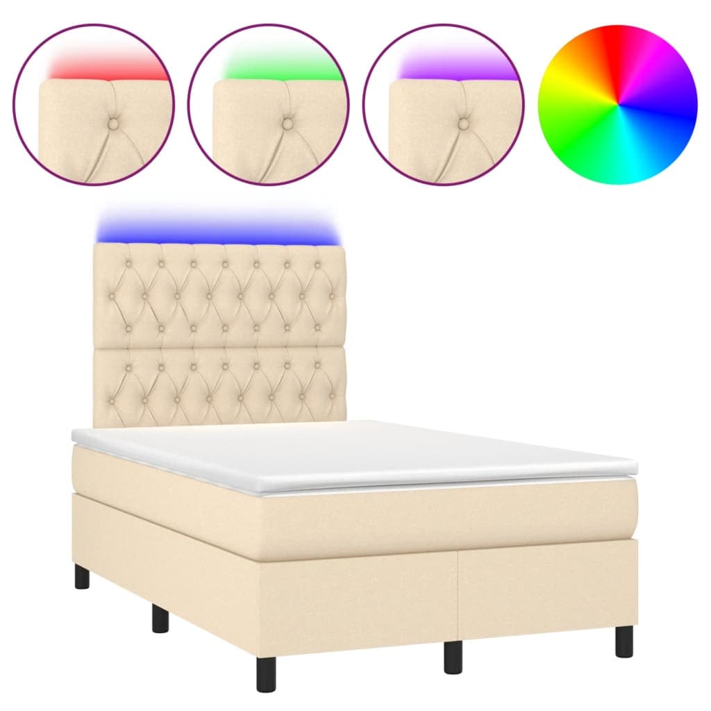 vidaXL Cama box spring c/ colchão e LED 120x190 cm tecido cor creme
