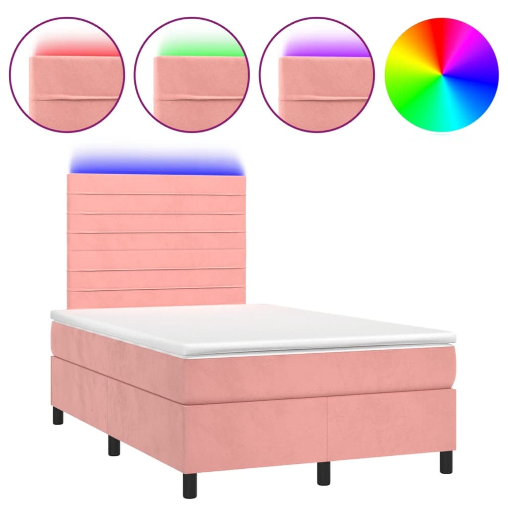 vidaXL Cama Box Spring com Colchão Luzes e led 120x190 cm Veludo Rosa - 1928418934
