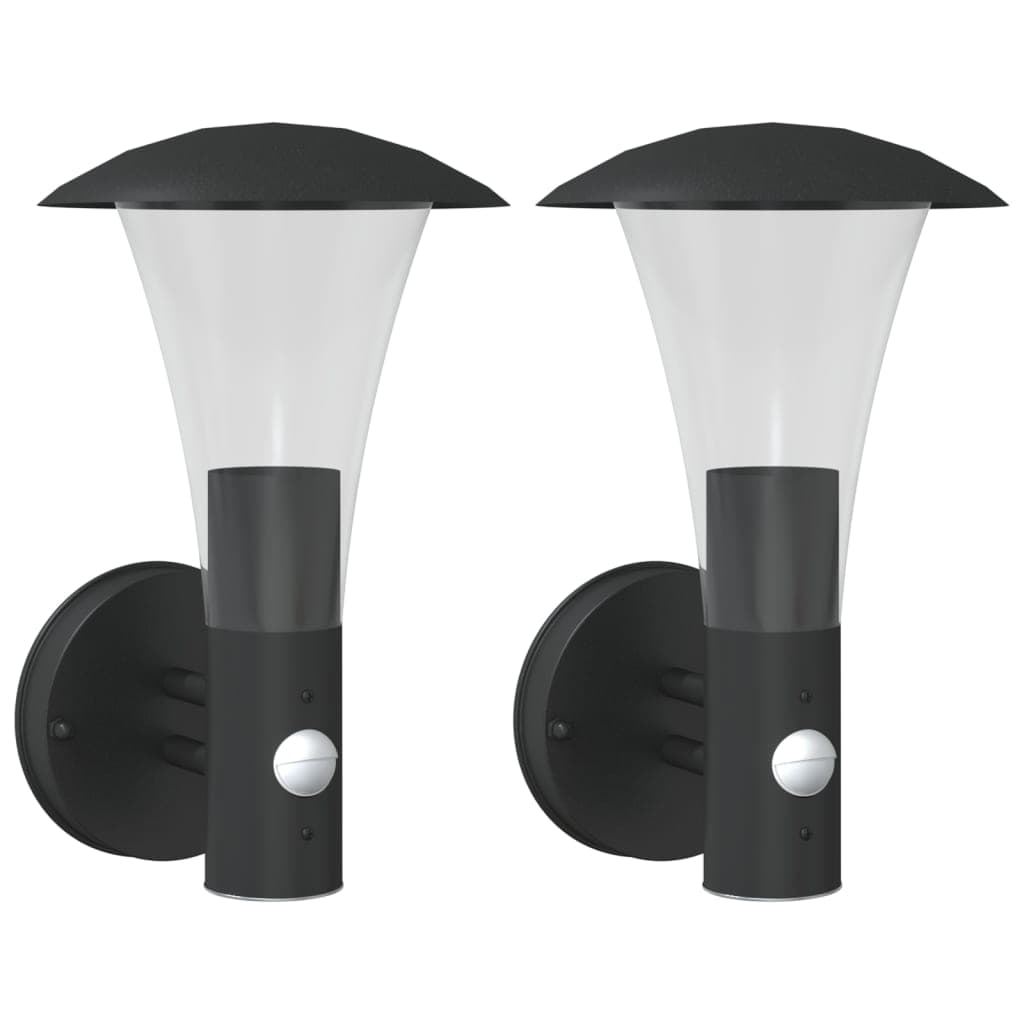 vidaXL Candeeiros parede p/ exterior c/ sensor 2 pcs aço inox. preto