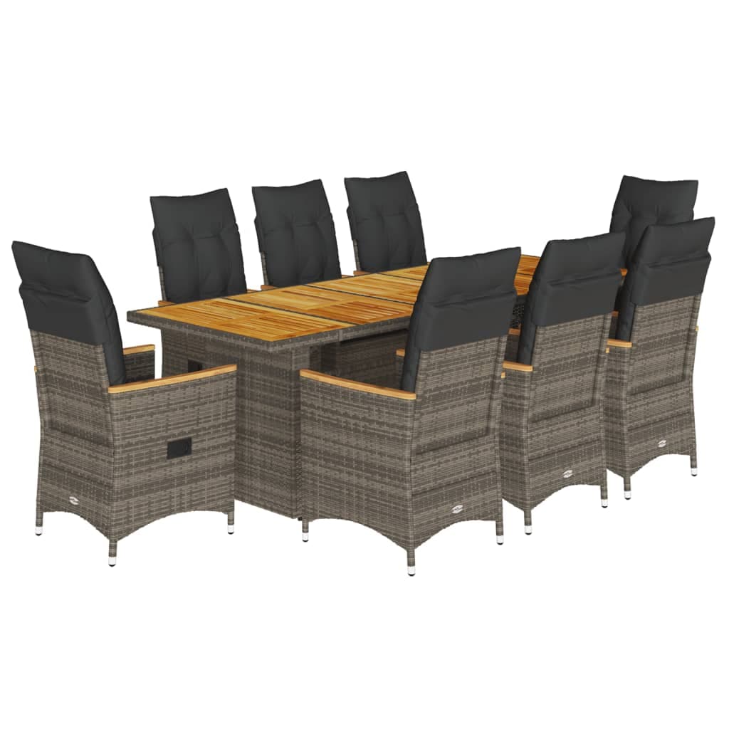 vidaXL 9 pcs conjunto bistrô de jardim c/ almofadões vime PE cinzento