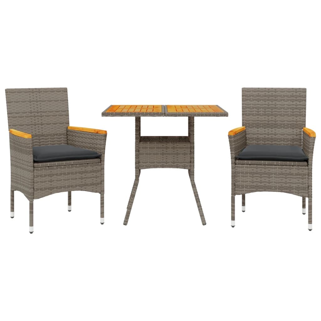 vidaXL 3 pcs conjunto jantar jardim c/ almofadões vime PE/acácia cinza