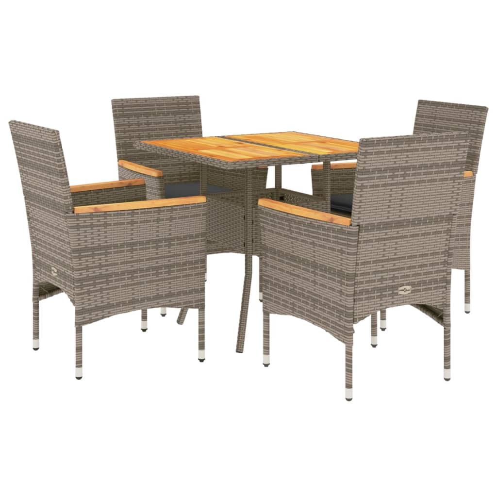 vidaXL 5 Peças Conjunto Jantar Jardim com Almofadões Vime Pe/acácia Cinza - 1819596267