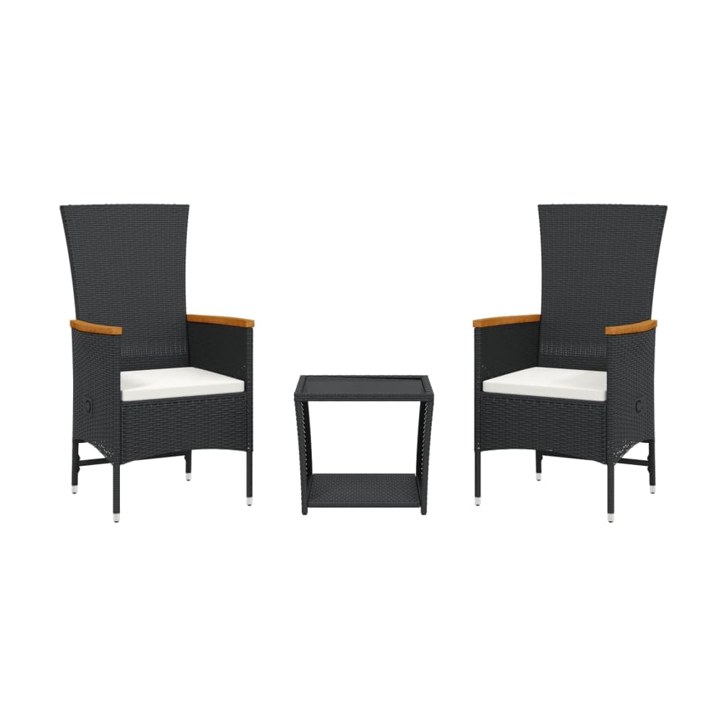 vidaXL 3 Peças Conjunto de Jantar para Jardim com Almofadões Vime Pe Preto - 3186734587