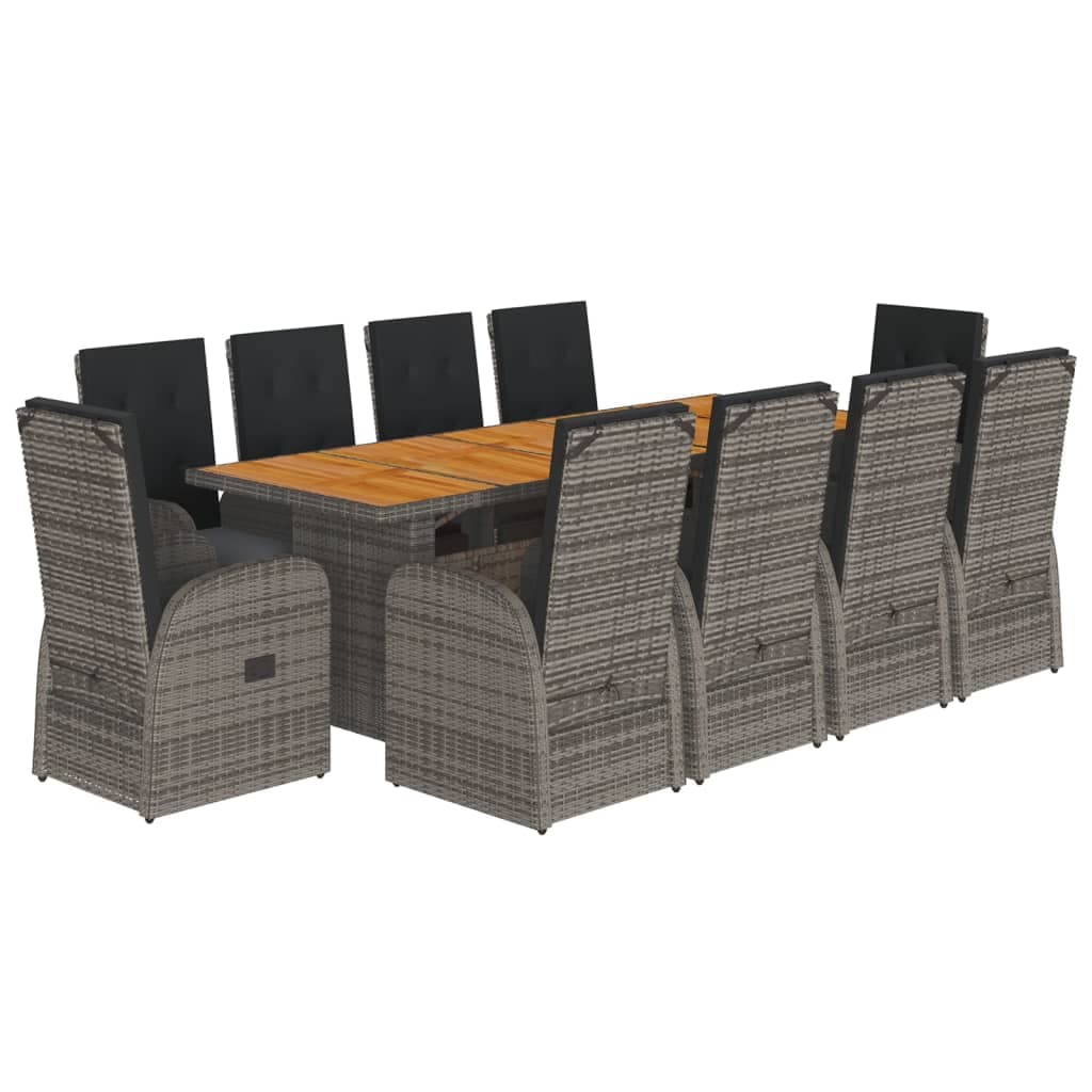 vidaXL 11 Peças Conjunto Jantar para Jardim com Almofadões Vime Pe Cinzento - 254939055