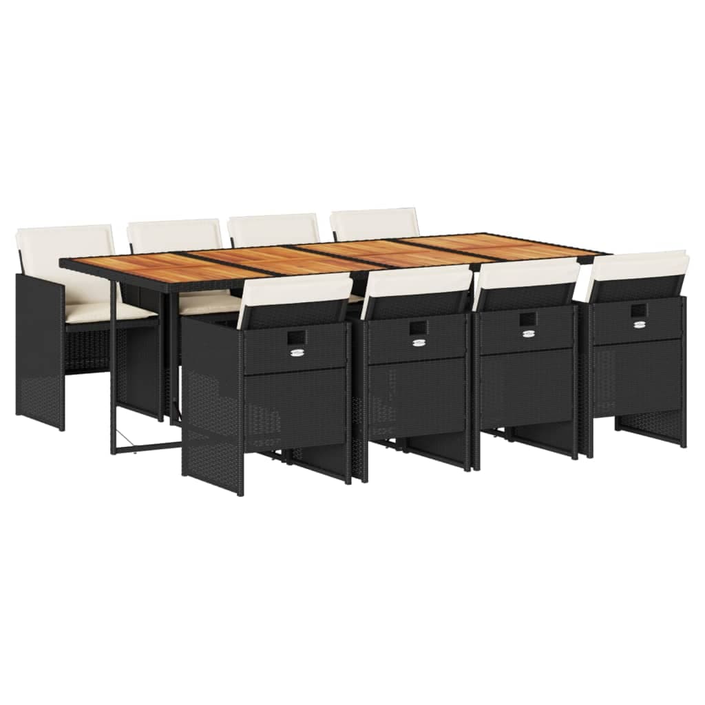 vidaXL 9 pcs conjunto de jantar p/ jardim c/ almofadões vime PE preto