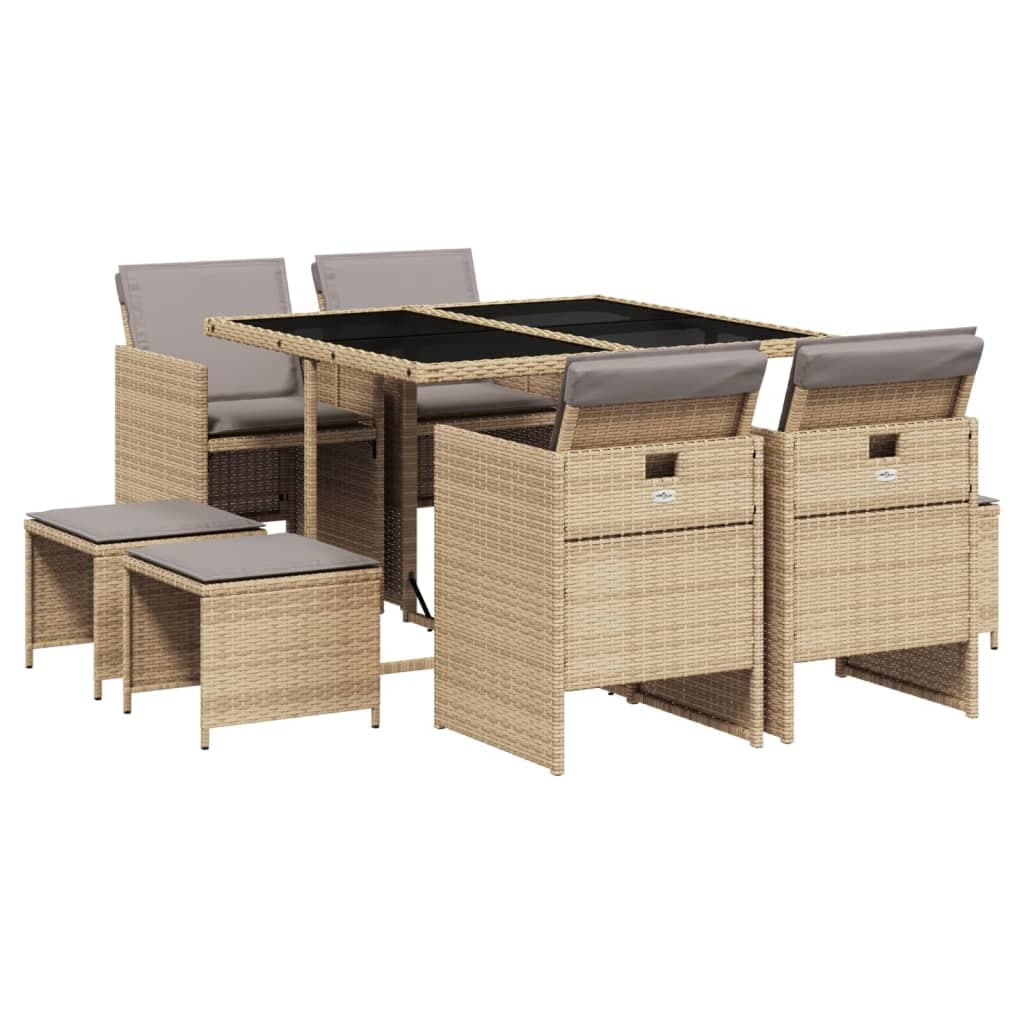 vidaXL 9 Peças Conjunto Jantar Jardim com Almofadões Vime Pe Bege Misturado - 2554671772