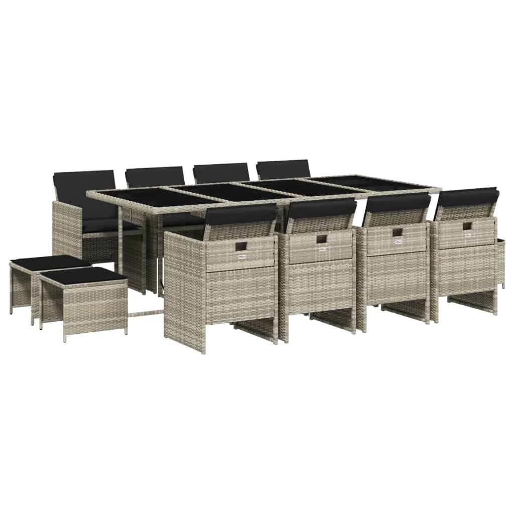 vidaXL 13 Peças Conjunto Jantar Jardim com Almofadões Vime Pe Cinzento-claro - 1231041016