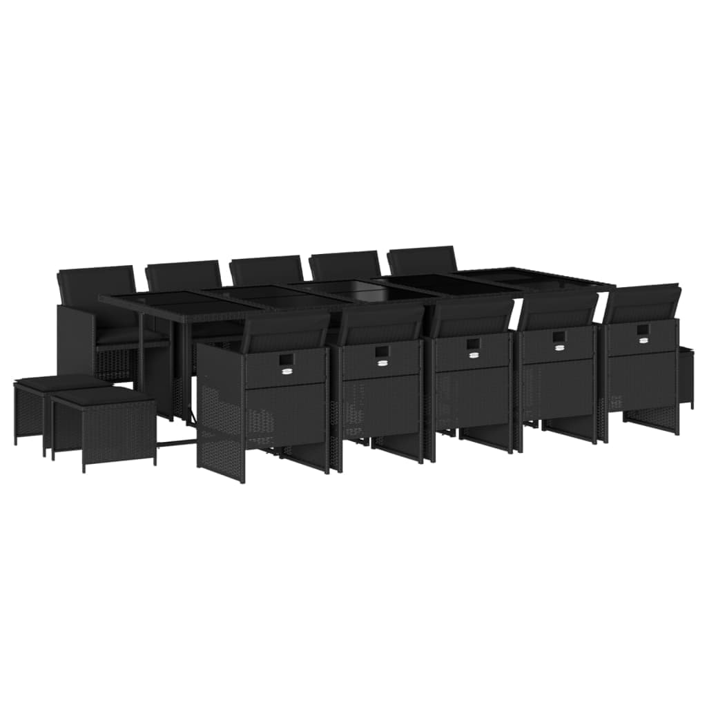 vidaXL 15 pcs conjunto de jantar p/jardim com almofadões vime PE preto