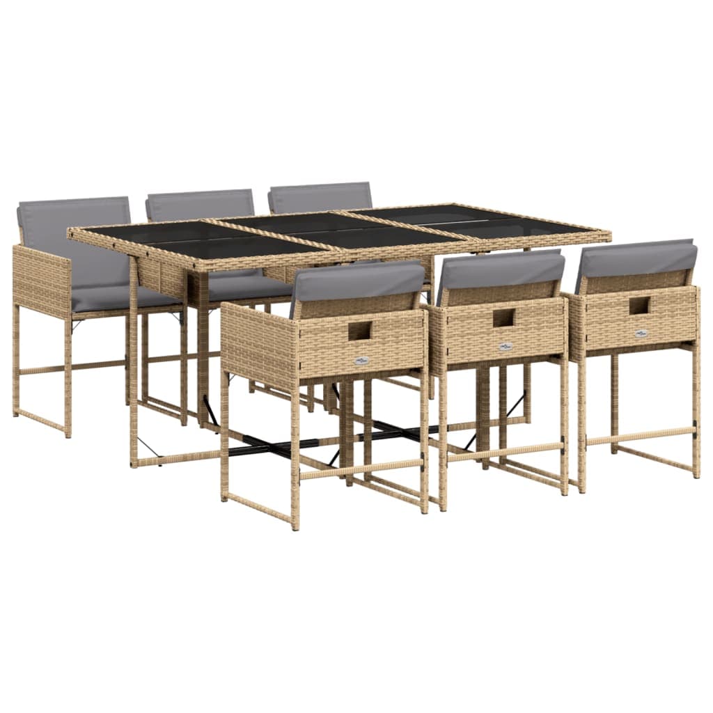 vidaXL 7 pcs conj. jantar jardim c/ almofadões vime PE bege misturado
