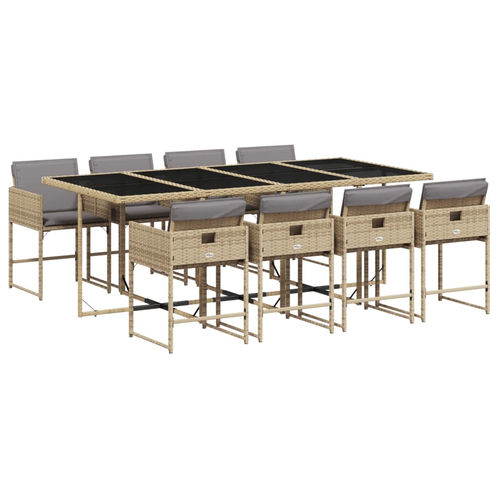 vidaXL 9 pcs conj. jantar jardim c/ almofadões vime PE bege misturado