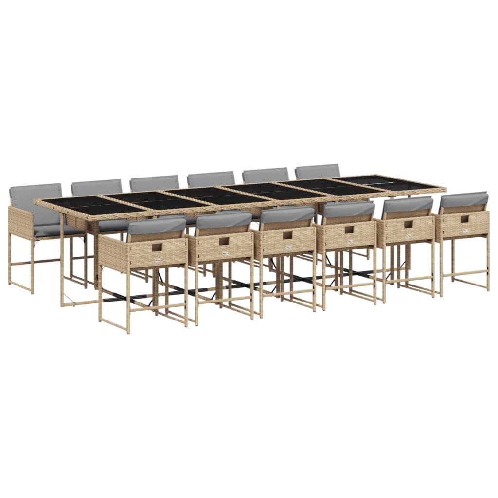 vidaXL 13 pcs conj. jantar jardim c/ almofadões vime PE bege misturado