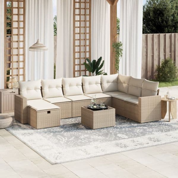 vidaXL 9 Peças Conjunto de Sofás para Jardim com Almofadões Vime Pe Bege - 1396625508