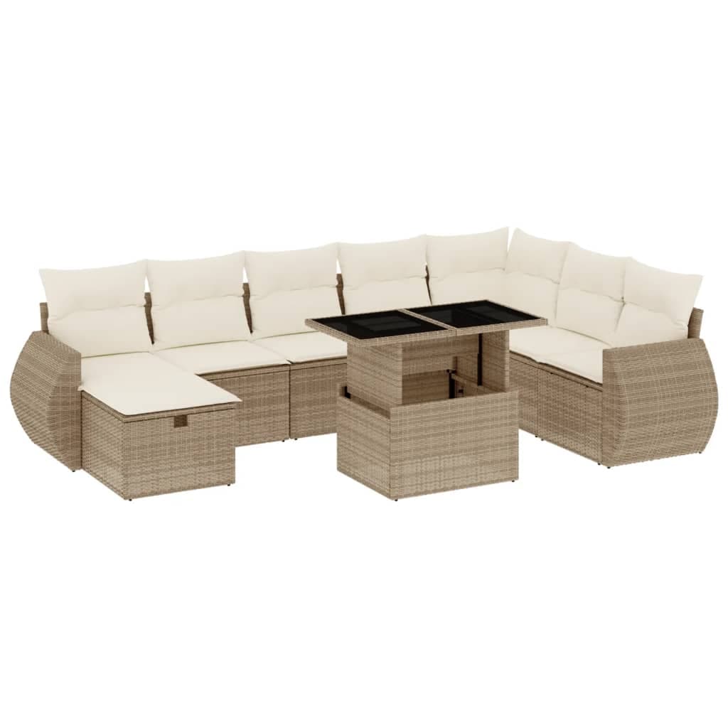 vidaXL 9 Peças Conjunto de Sofás para Jardim com Almofadões Vime Pe Bege - 1553036222