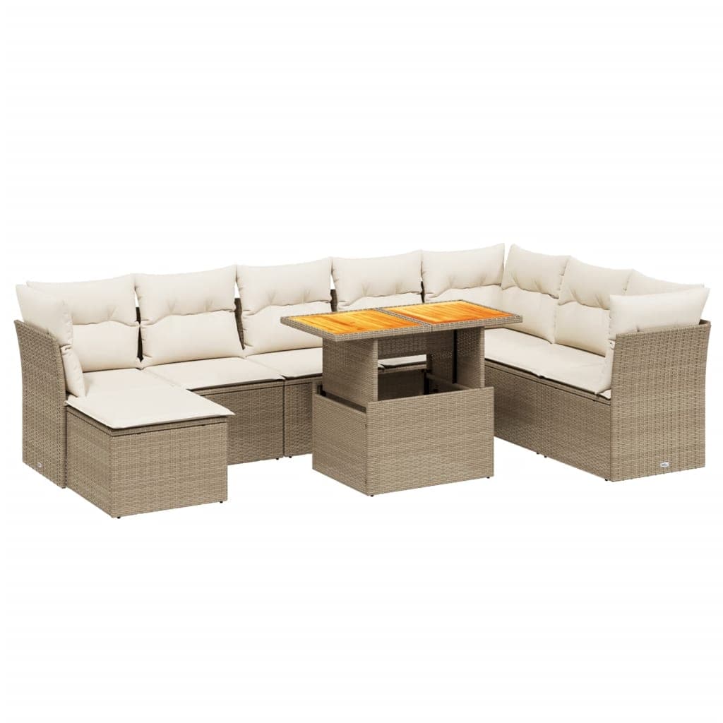 vidaXL 9 Peças Conjunto de Sofás para Jardim com Almofadões Vime Pe Bege - 3950150352