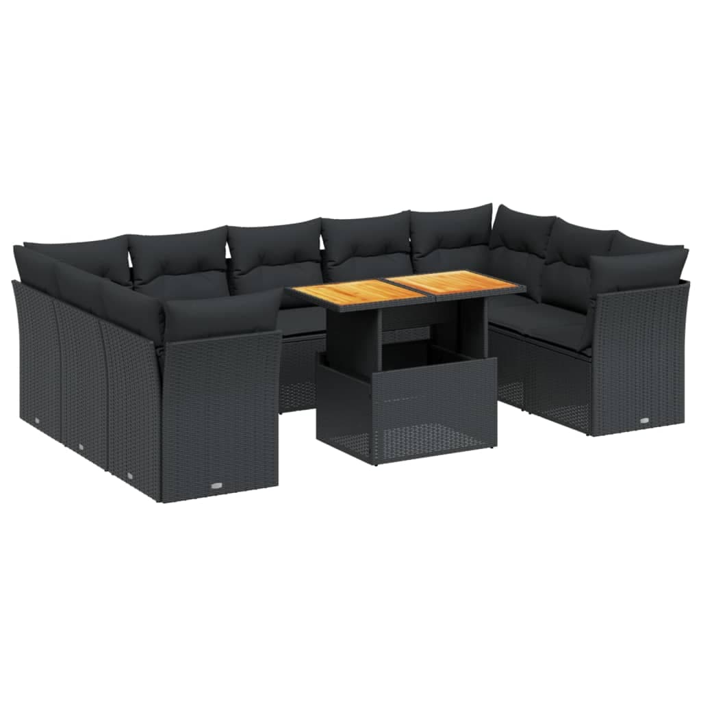 vidaXL 10 pcs conjunto sofás de jardim c/ almofadões vime PE preto