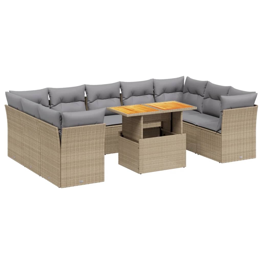 vidaXL 10 Peças Conjunto de Sofás para Jardim com Almofadões Vime Pe Bege - 2617233010