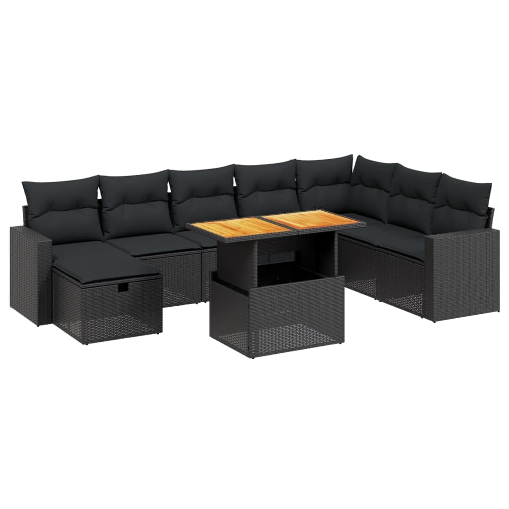 vidaXL 9 pcs conjunto de sofás p/ jardim c/ almofadões vime PE preto