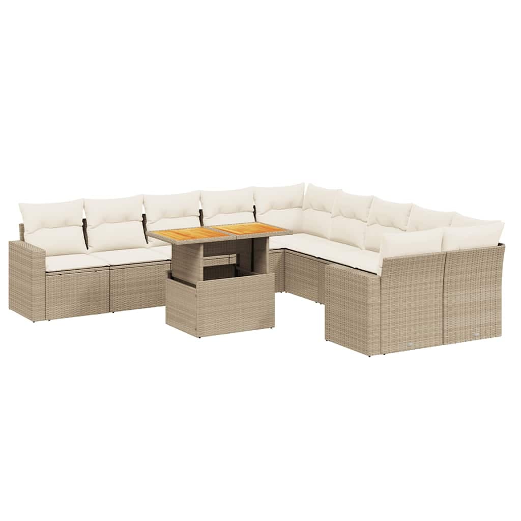 vidaXL 11 Peças Conjunto Sofás de Jardim com Almofadões Vime Pe Bege - 4221299514