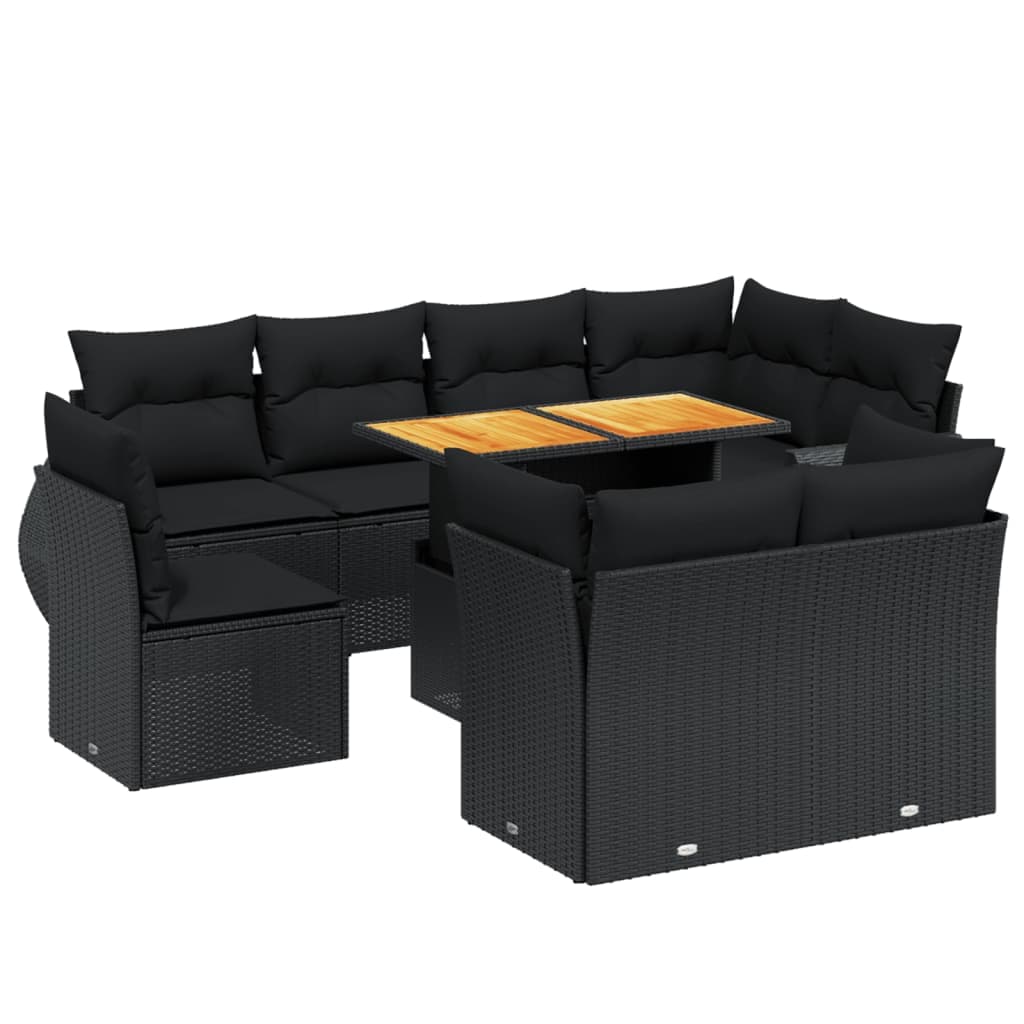 vidaXL 9 pcs conjunto de sofás p/ jardim c/ almofadões vime PE preto
