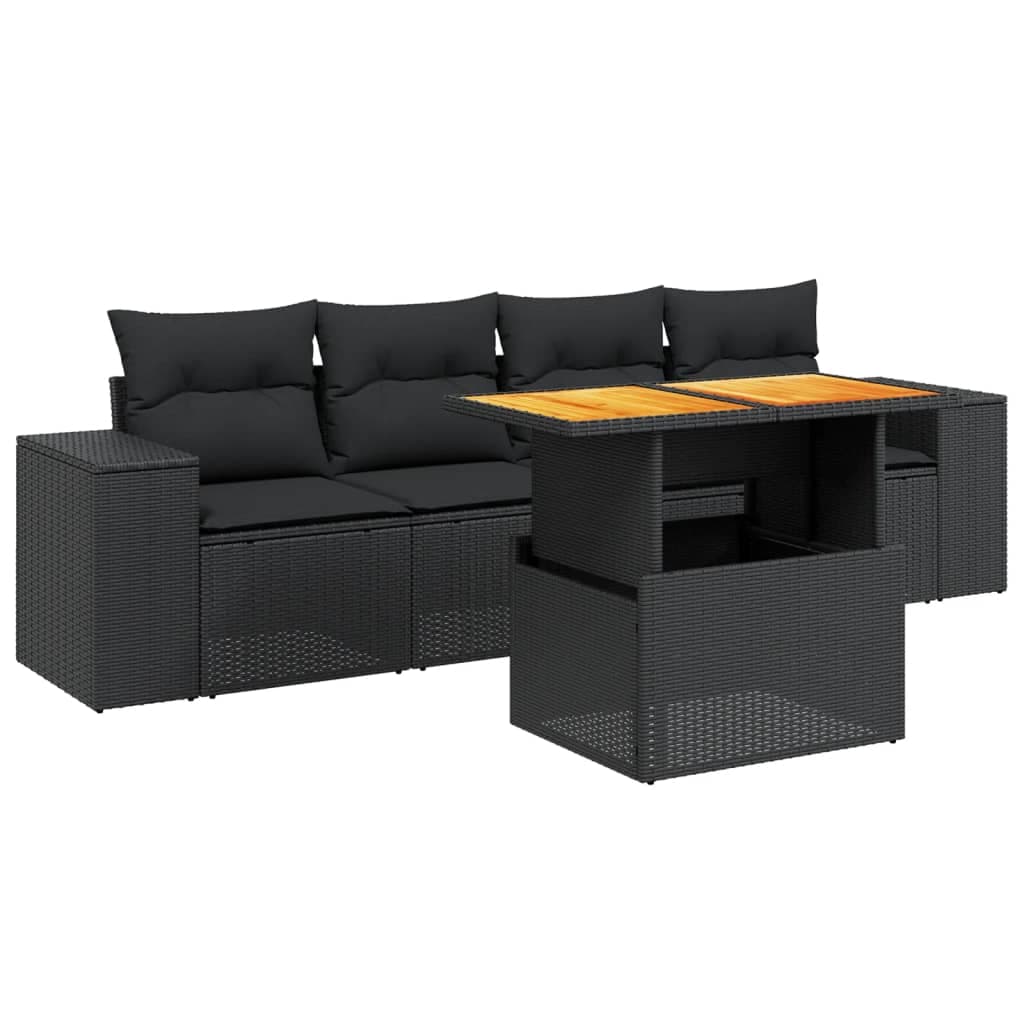 vidaXL 5 Peças Conjunto Sofás de Jardim com Almofadões Vime Pe Preto - 1850859574