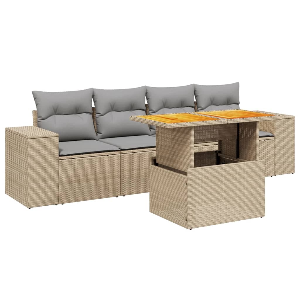 vidaXL 5 Peças Conjunto de Sofás para Jardim com Almofadões Vime Pe Bege - 1765549103
