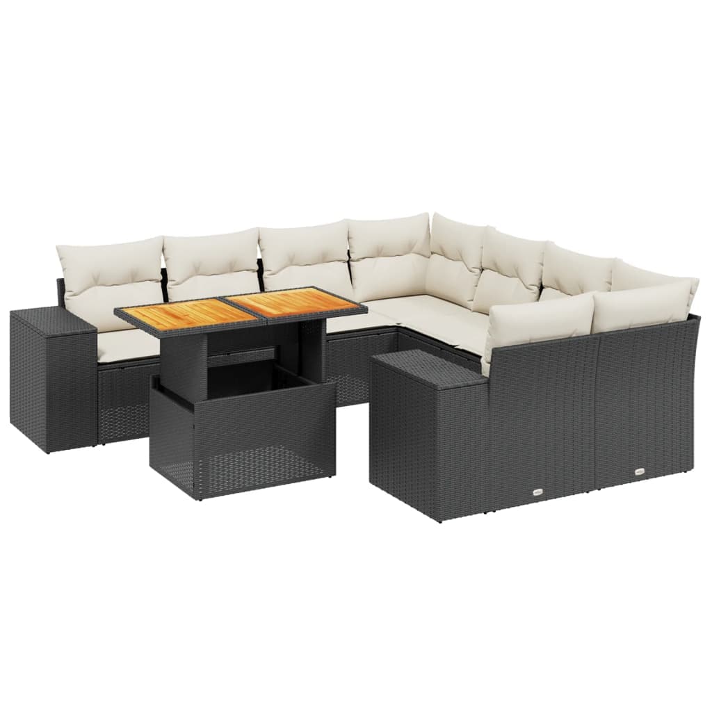 vidaXL 9 pcs conjunto de sofás p/ jardim c/ almofadões vime PE preto