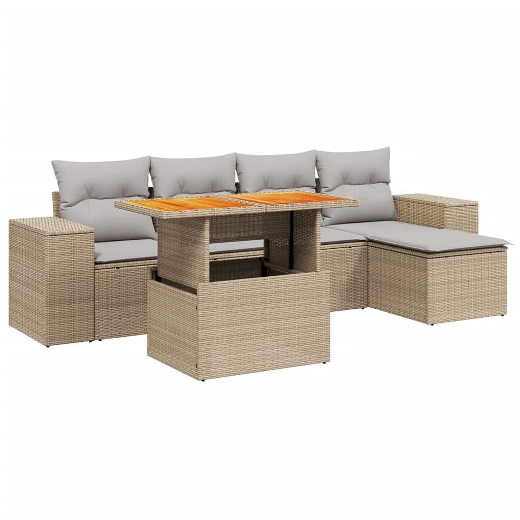 vidaXL 6 Peças Conjunto de Sofás para Jardim com Almofadões Vime Pe Bege - 2182692675