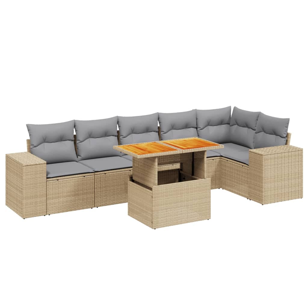 vidaXL 7 Peças Conjunto de Sofás para Jardim com Almofadões Vime Pe Bege - 1757155982
