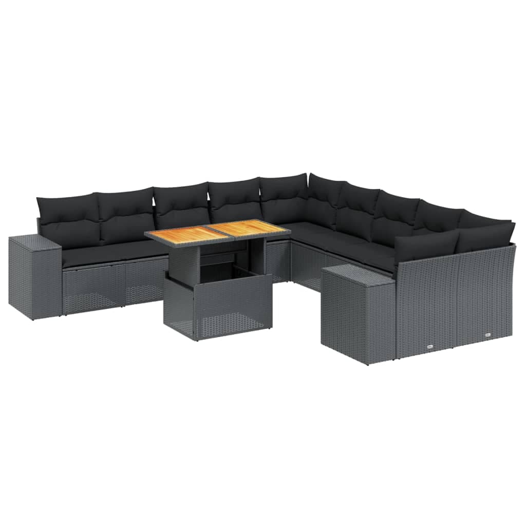 vidaXL 11 pcs conjunto sofás de jardim c/ almofadões vime PE preto