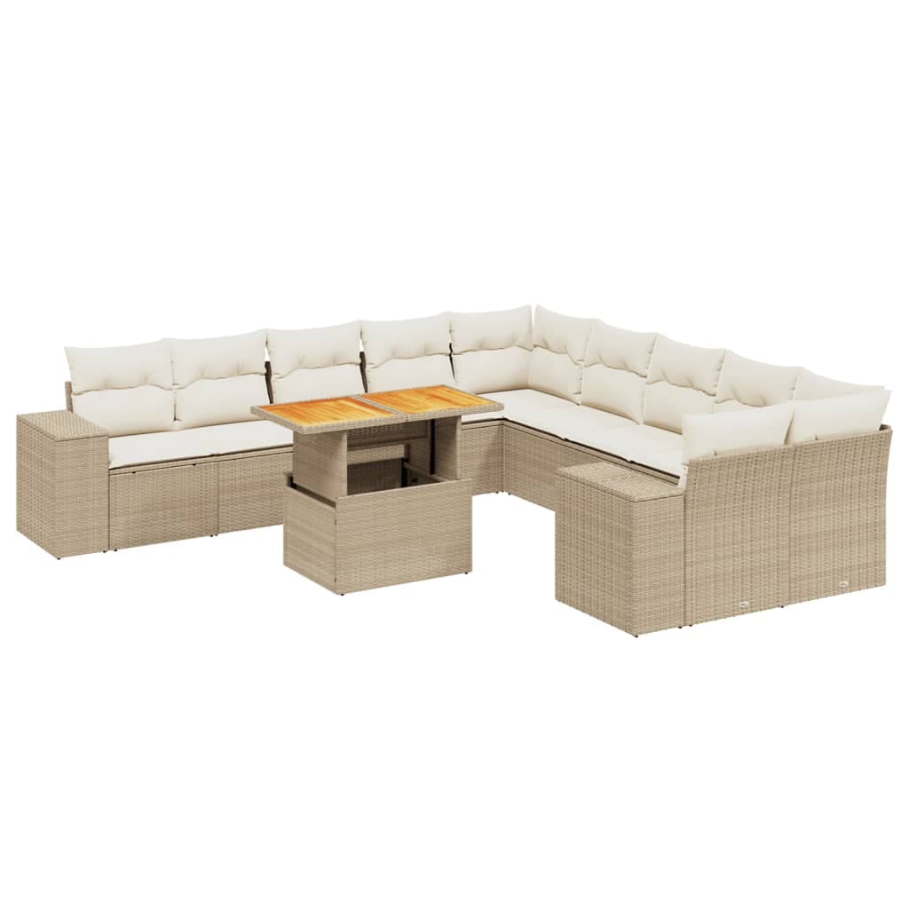 vidaXL 11 Peças Conjunto Sofás de Jardim com Almofadões Vime Pe Bege - 1132439700