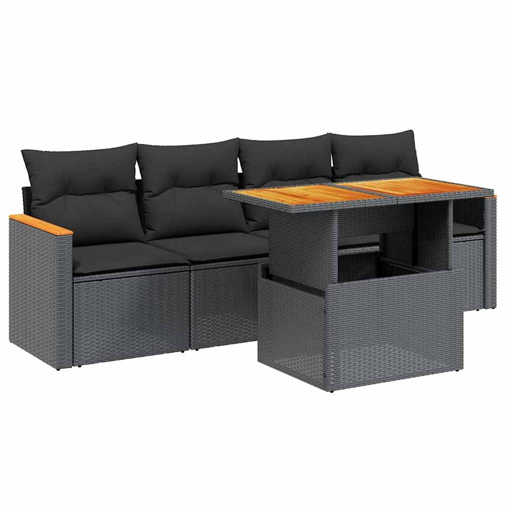 vidaXL 5 Peças Conjunto Sofás de Jardim com Almofadões Vime Pe Preto - 2586742252