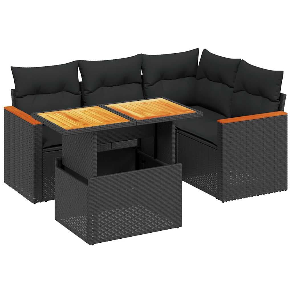 vidaXL 5 pcs conjunto sofás de jardim com almofadões vime PE preto