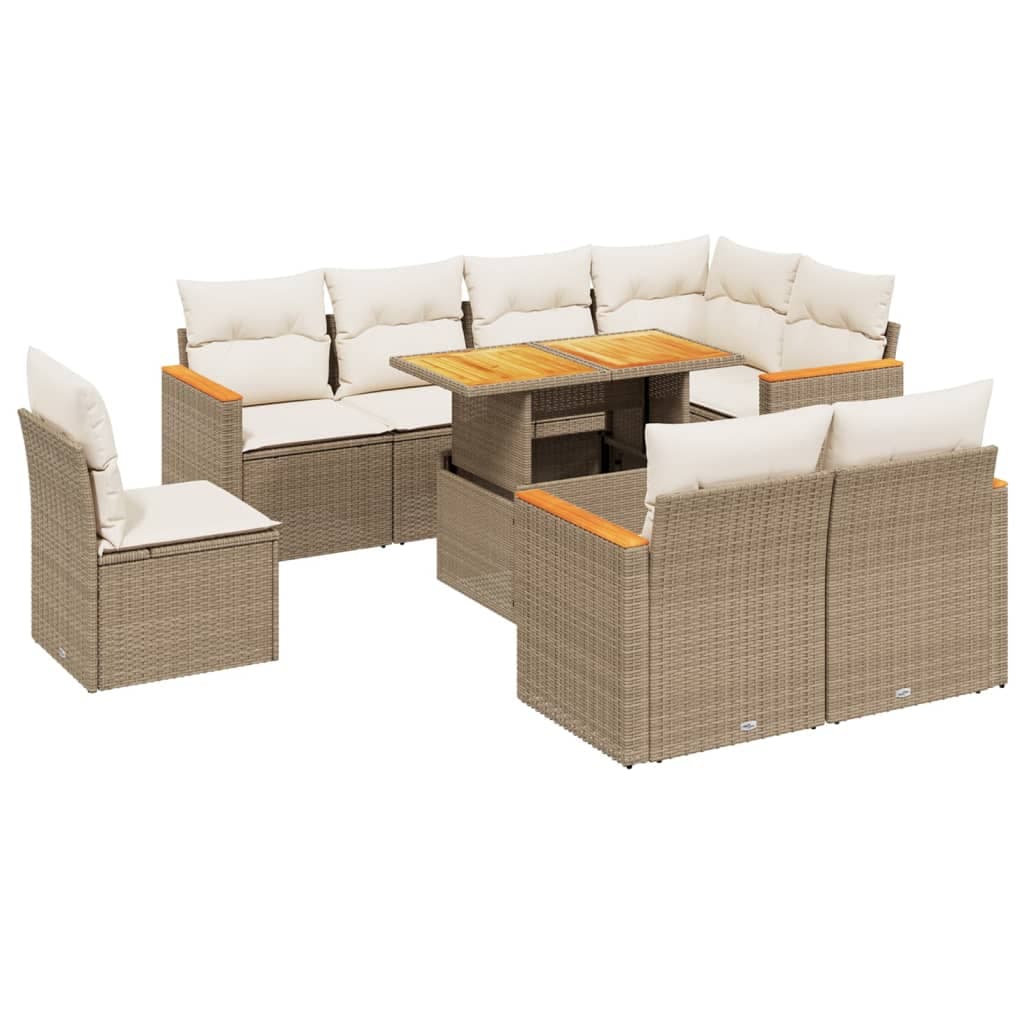 vidaXL 9 Peças Conjunto de Sofás para Jardim com Almofadões Vime Pe Bege - 515365299