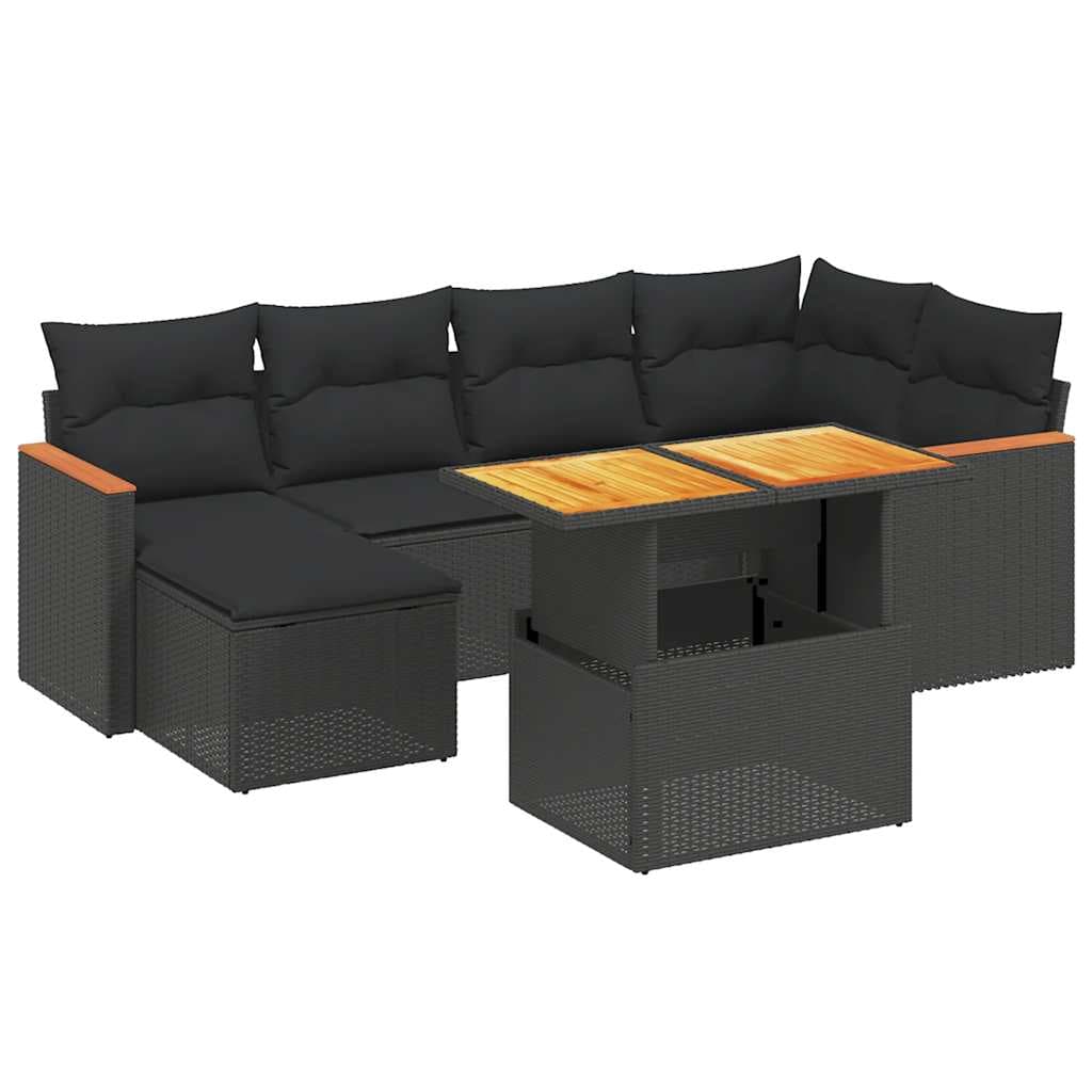 vidaXL 7 Peças Conjunto de Sofás para Jardim com Almofadões Vime Pe Preto - 433724842