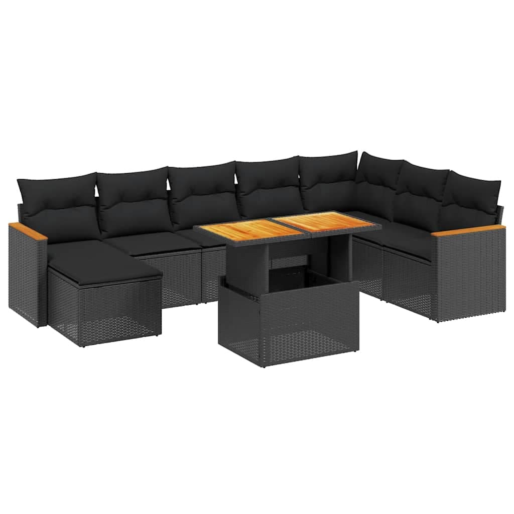 vidaXL 9 pcs conjunto de sofás p/ jardim c/ almofadões vime PE preto