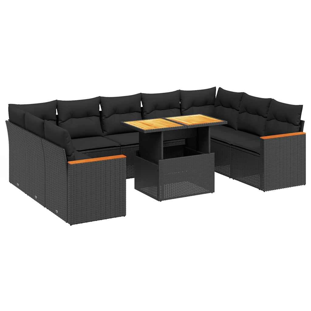vidaXL 10 pcs conjunto sofás de jardim c/ almofadões vime PE preto