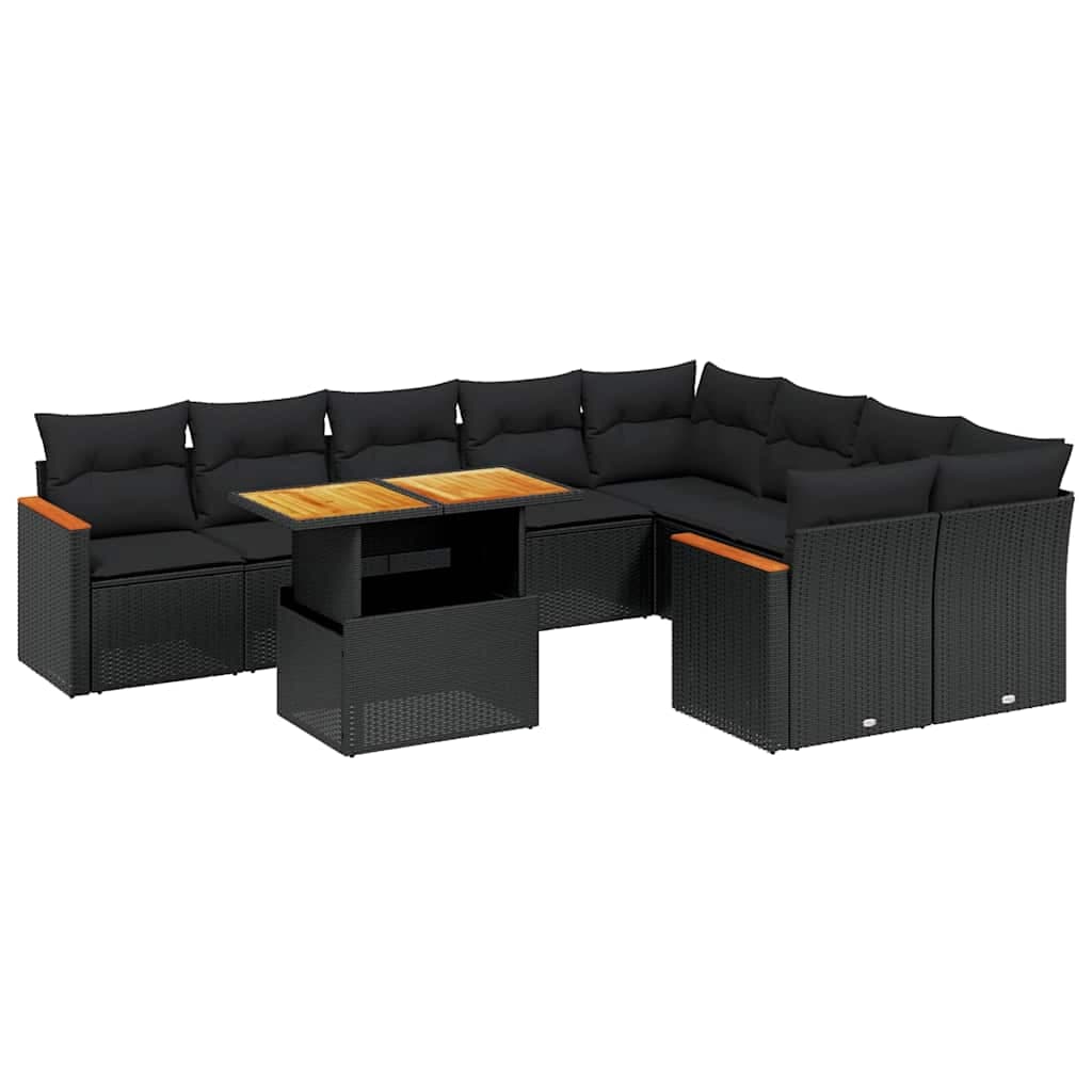 vidaXL 10 pcs conjunto sofás de jardim c/ almofadões vime PE preto