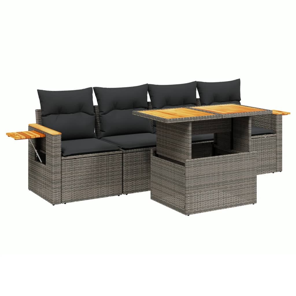 vidaXL 5 Peças Conjunto Sofás de Jardim com Almofadões Vime Pe Cinzento - 1667615053