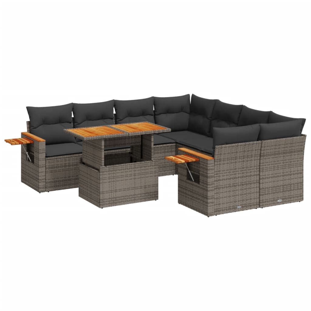 vidaXL 9 pcs conjunto sofás p/ jardim com almofadões vime PE cinzento