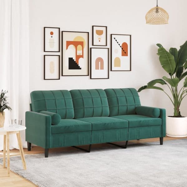 Sofá vidaXL 3 Lug. com Almofadas Decorativas 180 cm Veludo Verde-escuro - 915764309