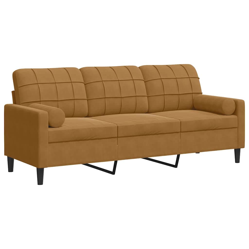 vidaXL Sofá 3 lugares c/ almofadas decorativas 180 cm veludo castanho