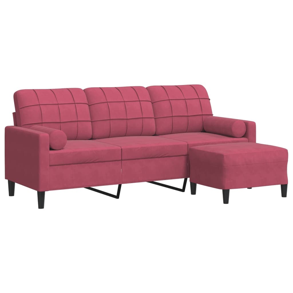 Sofá vidaXL de 3 Lugares com Apoio de Pés 180 cm Veludo Vermelho Tinto - 1392095569