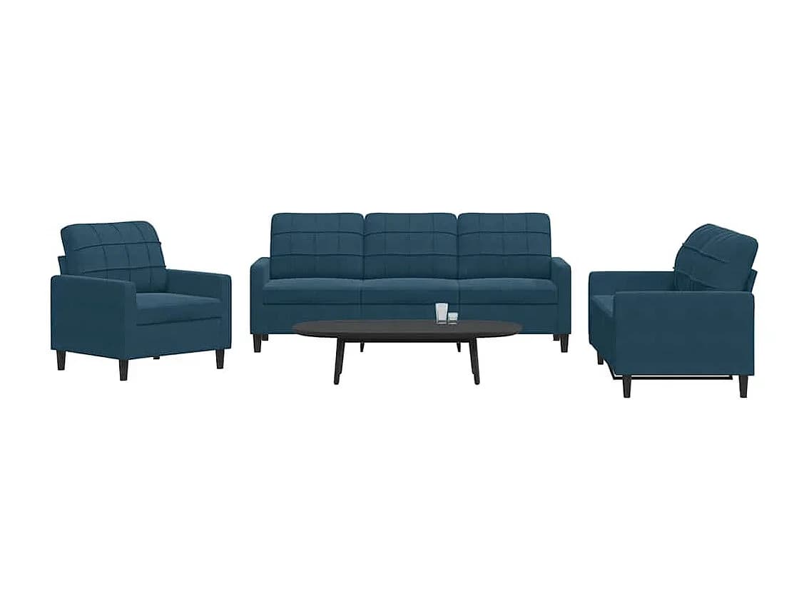 3 pcs conjunto de sofás com almofadões veludo azul