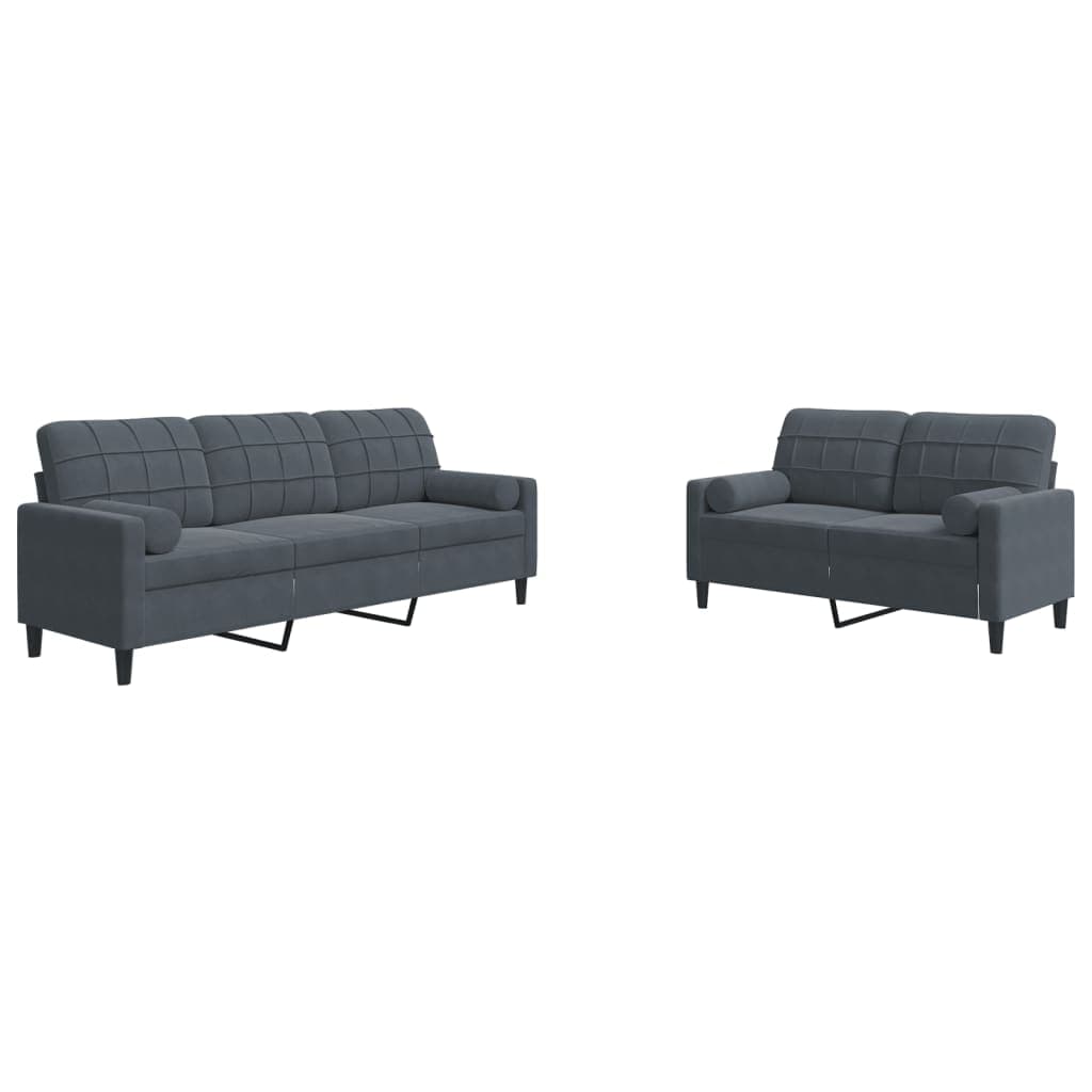 vidaXL 2 pcs conjunto sofás com almofadões e rolos veludo cinza-escuro