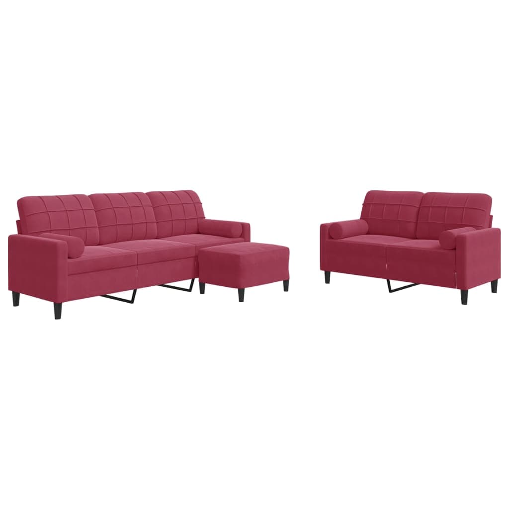 vidaXL 3pcs conjunto sofás c/ almofadões e rolos veludo vermelho tinto